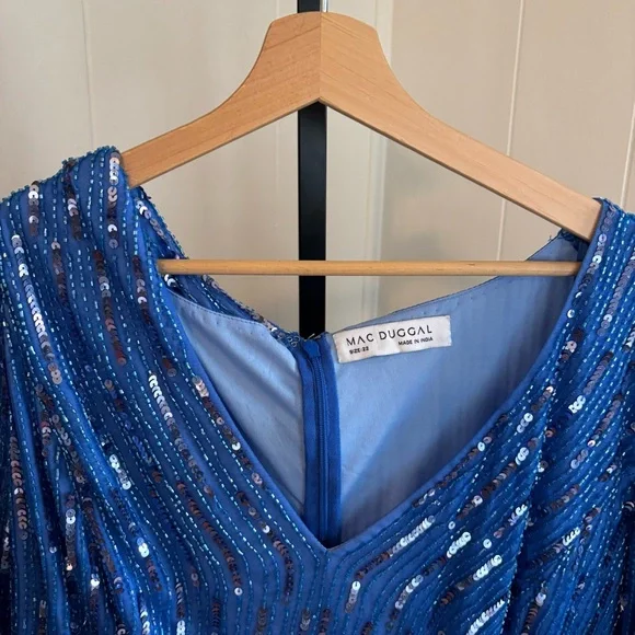 Mac Duggal Light Blue Sequin Tea-Length V-Neck Long Sleeve Formal Dress 22 *NOTE - Picture 2 of 16